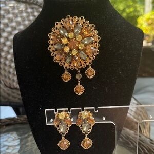 Emmons Brooch & Earrings Vintage Rhinestone Dangle Signed Smoky Floral Classic
